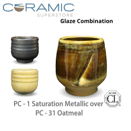 Saturation Metallic PC-01 over Oatmeal PC-31 Pottery Cone 5 Glaze Combination Saturation Metallic PC-01 over Oatmeal PC-31 Pottery Cone 5 Glaze Combination